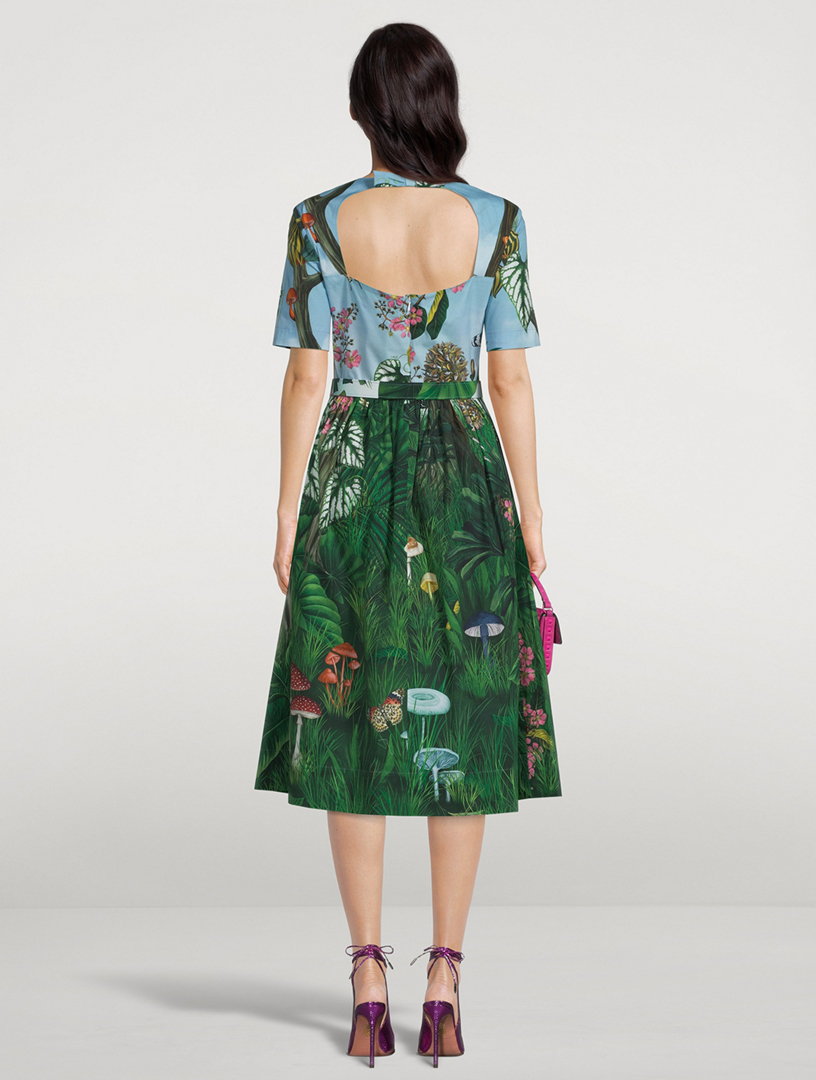 OSCAR DE LA RENTA Poplin Midi Dress In Botanical Forest Print Women's Green