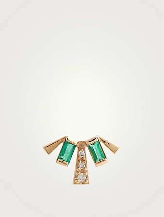 Carré 14K Gold Deco Fan Stud Earring With Emeralds And Diamonds