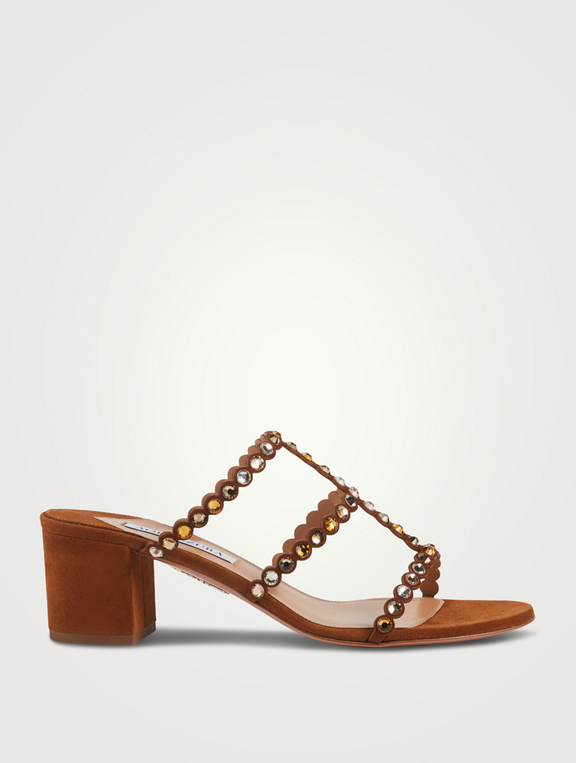 AQUAZZURA Tequila Embellished Leather Mules Women's Brown
