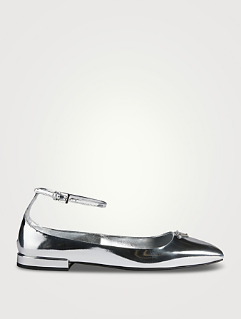 Metallic Leather Ankle-Strap Ballet Flats