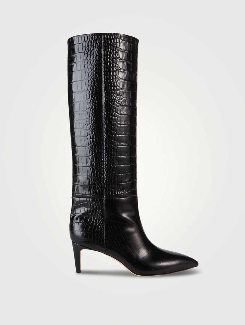 Croc-Embossed Leather Knee-High Boots