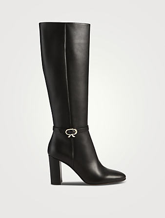 Ribbon Leather Knee-High Boots