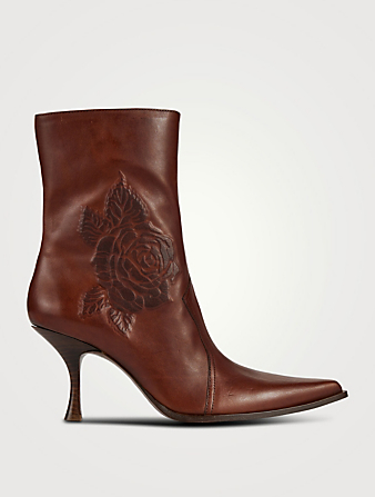 Rose-Embossed Leather Ankle Boots