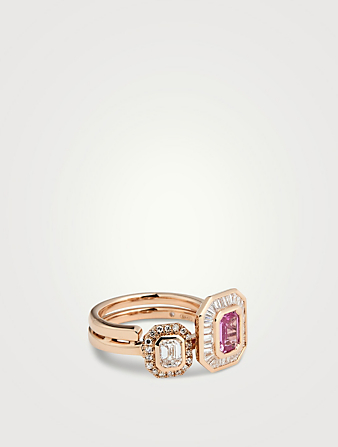 18K Rose Gold Pink Sapphire And Diamond Halo 2-In-1 Ring