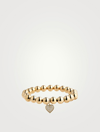 Bracelet de billes en or 14 ct à breloque de cœur sertie de diamants
