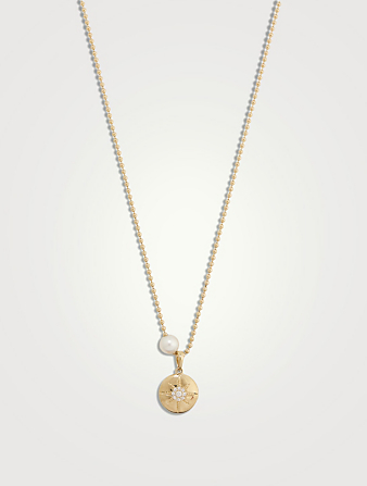 Collier chaîne à billes en or 14 ct avec perle et médaillon étoile incrustée de diamants
