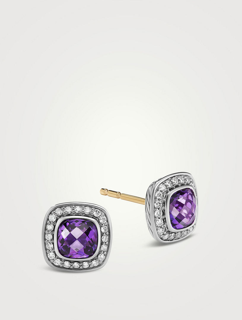 Petite Albion Stud Earrings In Sterling Silver With Amethyst And Pave Diamonds