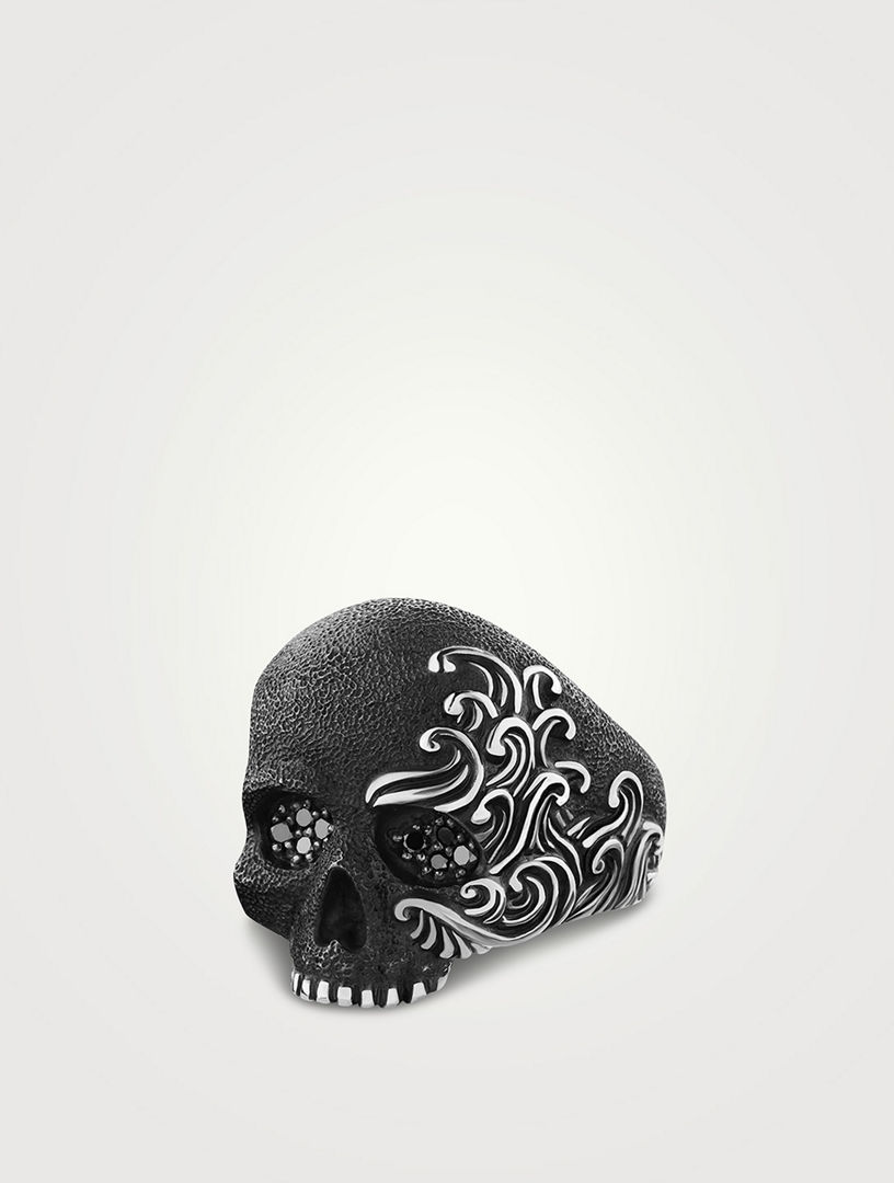 Waves Skull Ring In Sterling Silver With Pavé Black Diamonds