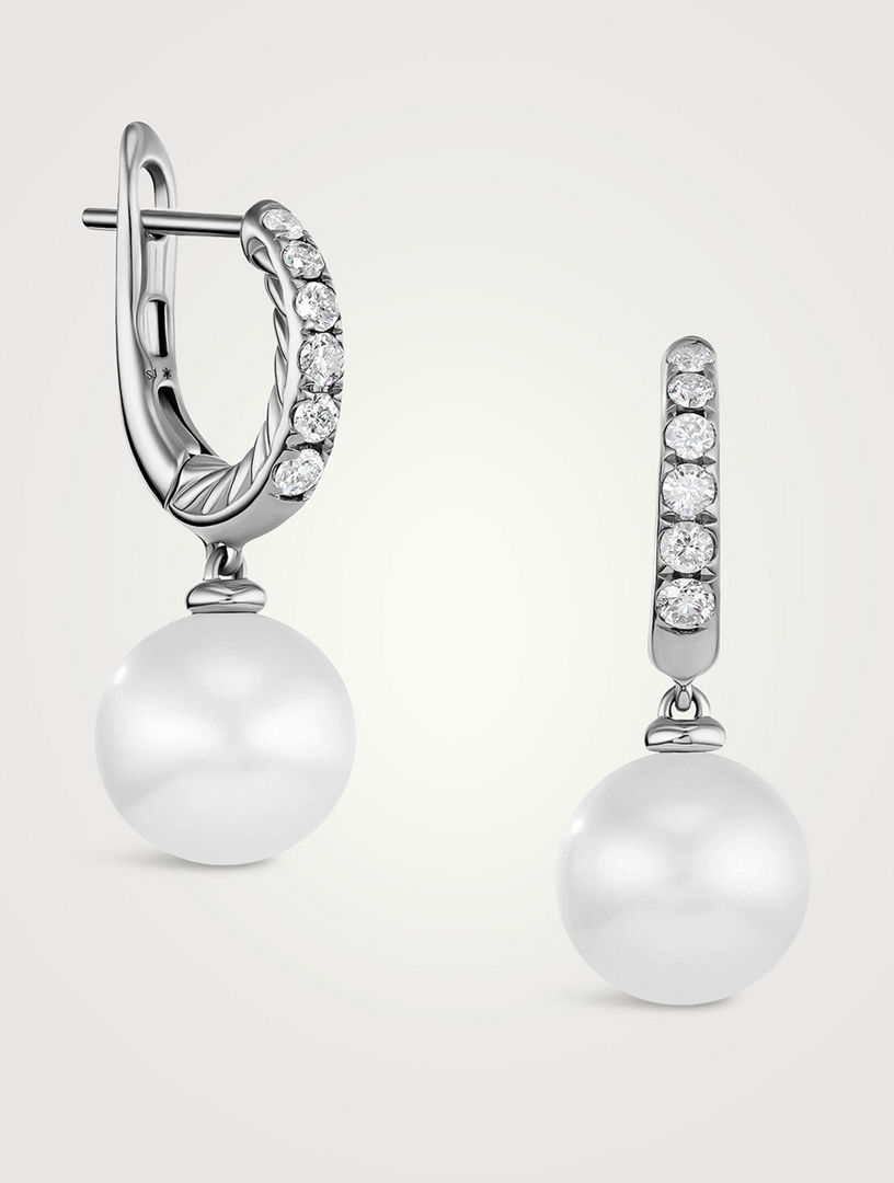 Pearl And Pavé Drop Earrings In Sterling Silver With Pearls And Diamonds, 15.6mm