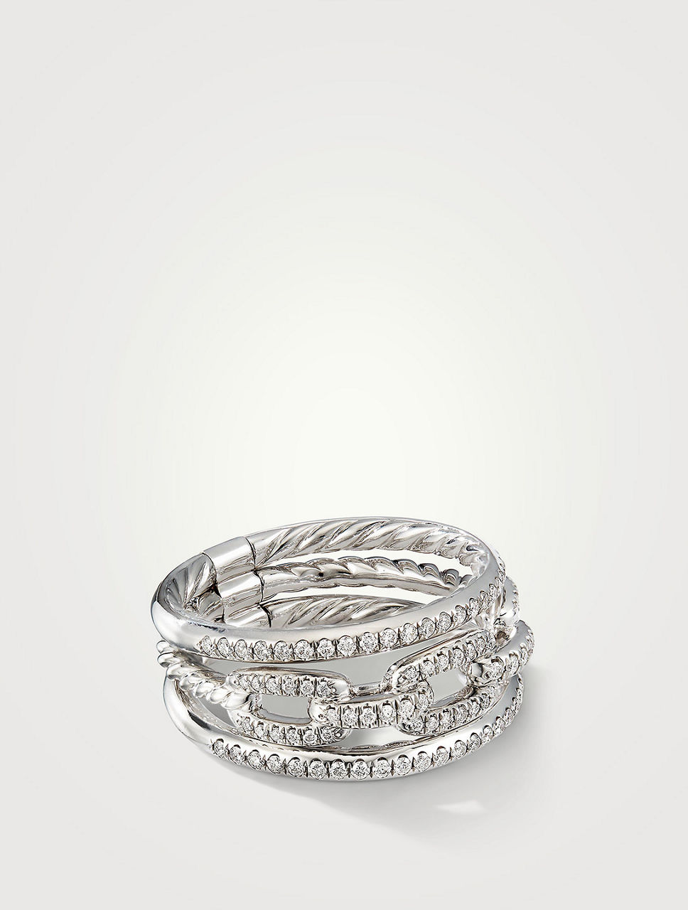 Stax Three Row Chain Link Ring In 18k White Gold And Pavé Diamonds