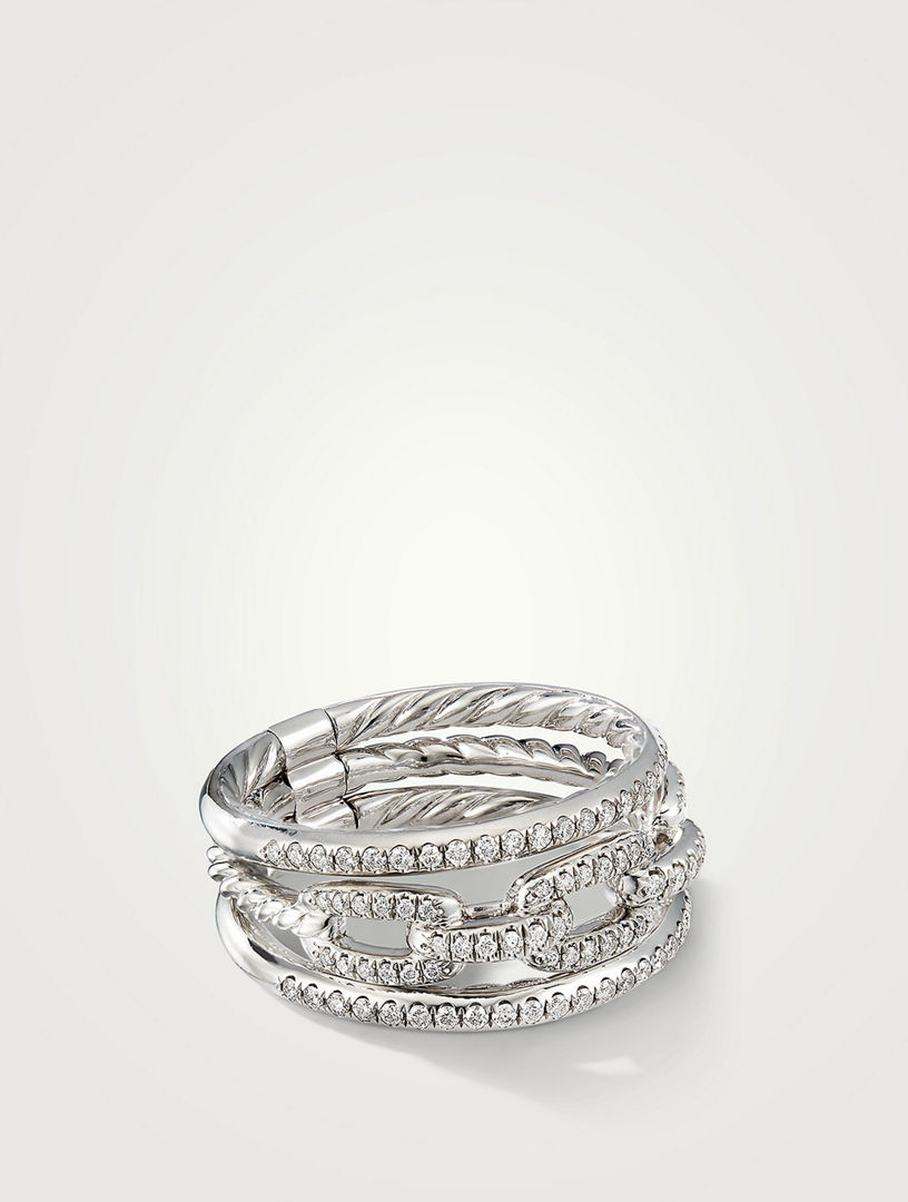 Stax Three Row Chain Link Ring 18k White Gold And Pavé Diamonds