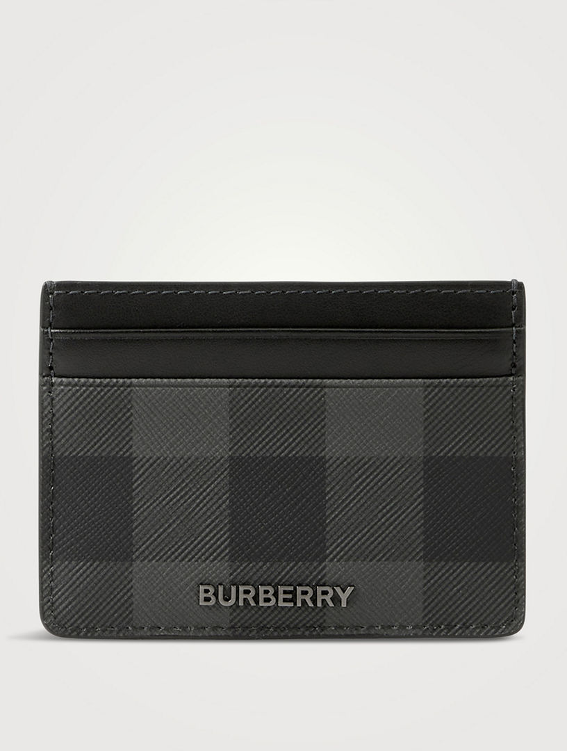 Check and Leather Card Case in Charcoal - Men