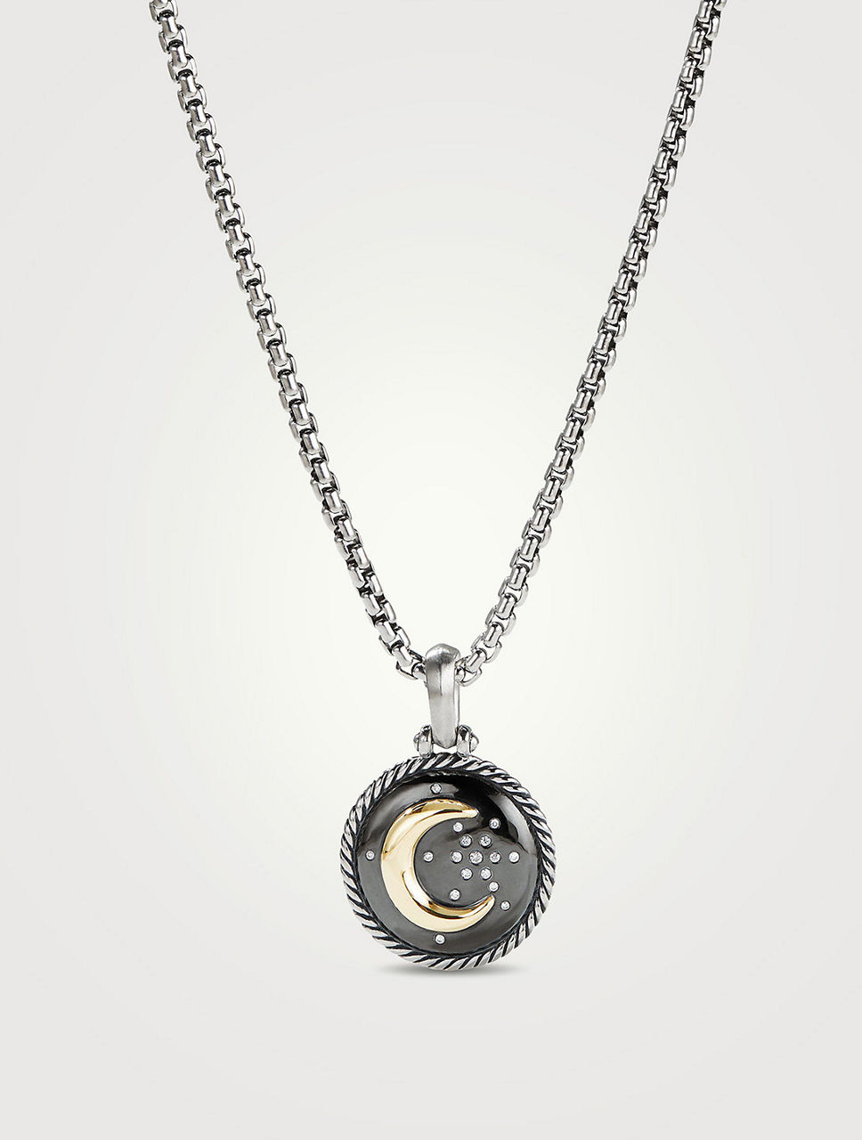 Moon And Star Amulet In Sterling Silver With 18k Yellow Gold And Diamonds, 21mm