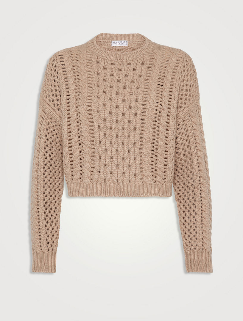 Beige Cable-knit cashmere-blend roll-neck sweater, Brunello Cucinelli