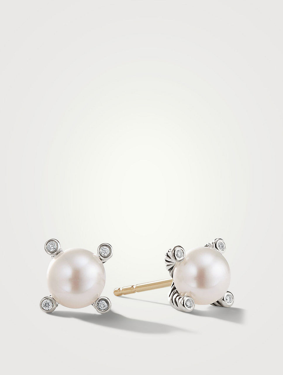 Cable Pearl Stud Earrings In Sterling Silver With Diamonds