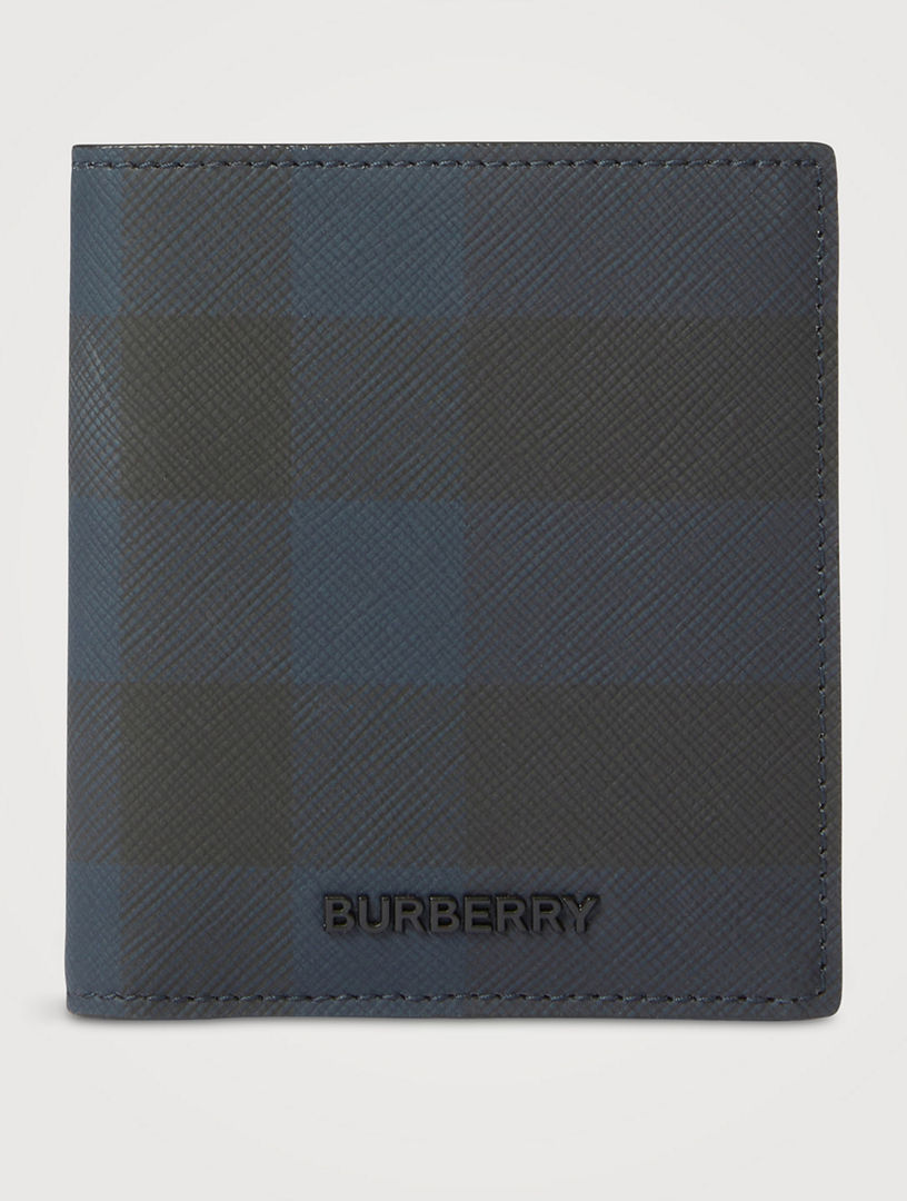 Check and Leather Folding Card Case in Navy - Men