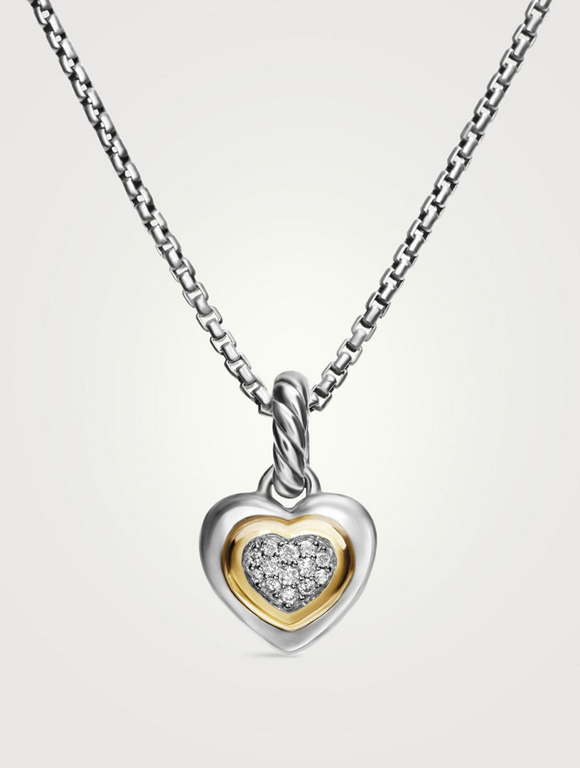Collier avec pendentif coeur Cable de petite taille en argent sterling avec or jaune 14 carats et diamants, 17,1 mm