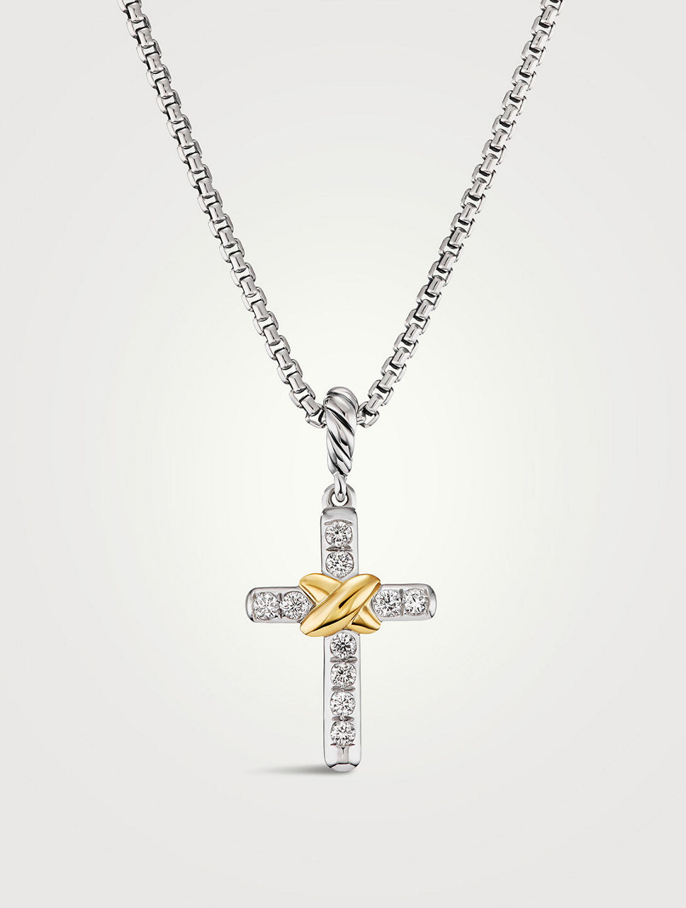 Petite Cross Necklace In Sterling Silver With 18k Yellow Gold With Diamonds, 20.8mm