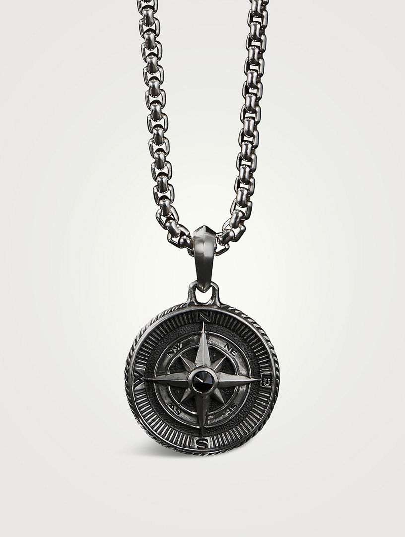 Maritime Compass Amulet In Sterling Silver With Center Black Diamond