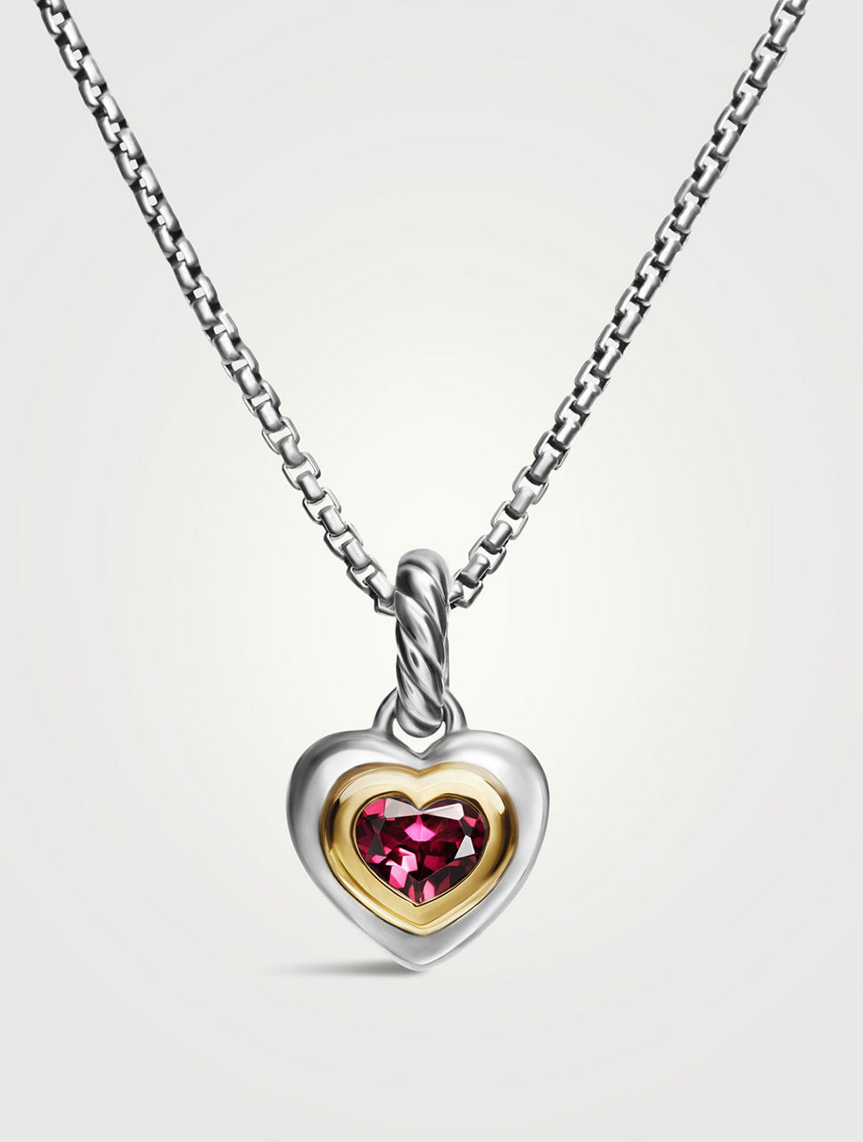 Petite Cable Heart Pendant Necklace In Sterling Silver With 14k Yellow Gold And Rhodolite Garnet, 17.1mm