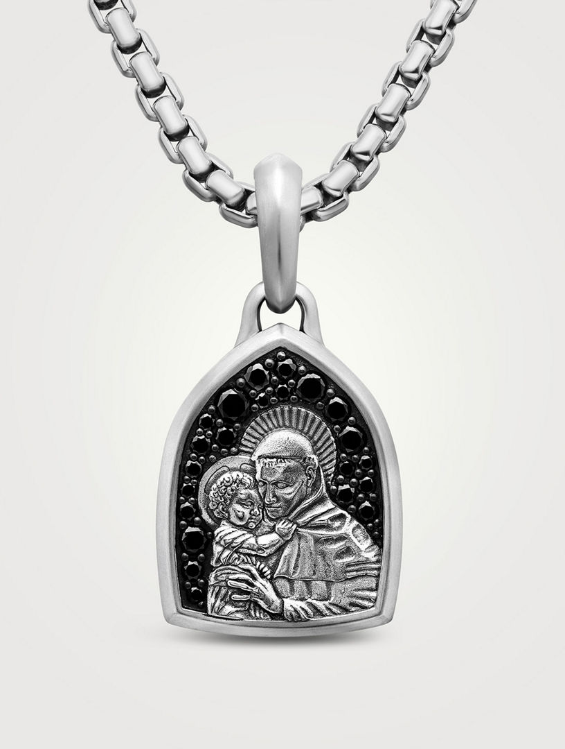 St. Anthony Amulet In Sterling Silver With Black Diamonds, 21.8mm