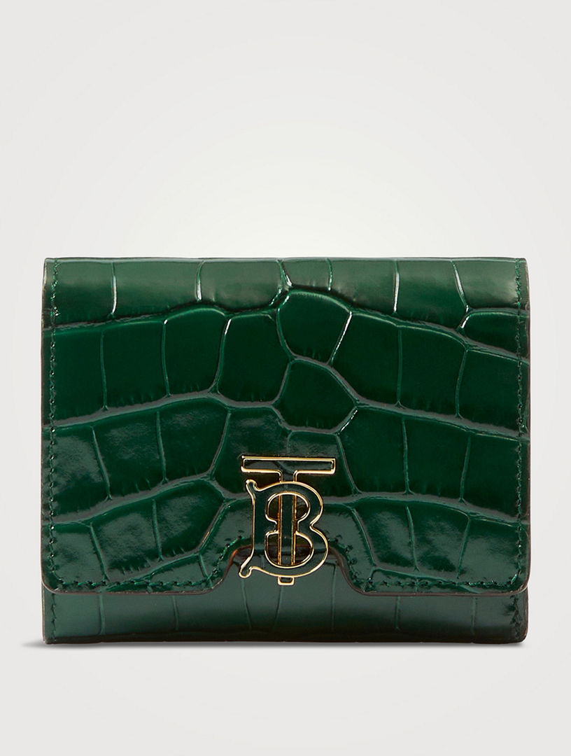 Embossed Leather TB Compact Wallet in Dark Viridian Green - Women