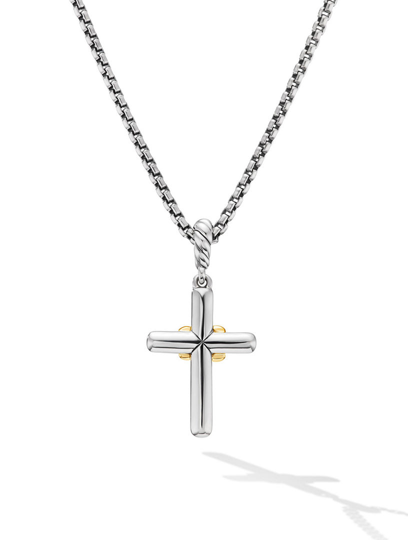 Petite Cross Necklace In Sterling Silver With 18k Yellow Gold With Diamonds, 20.8mm