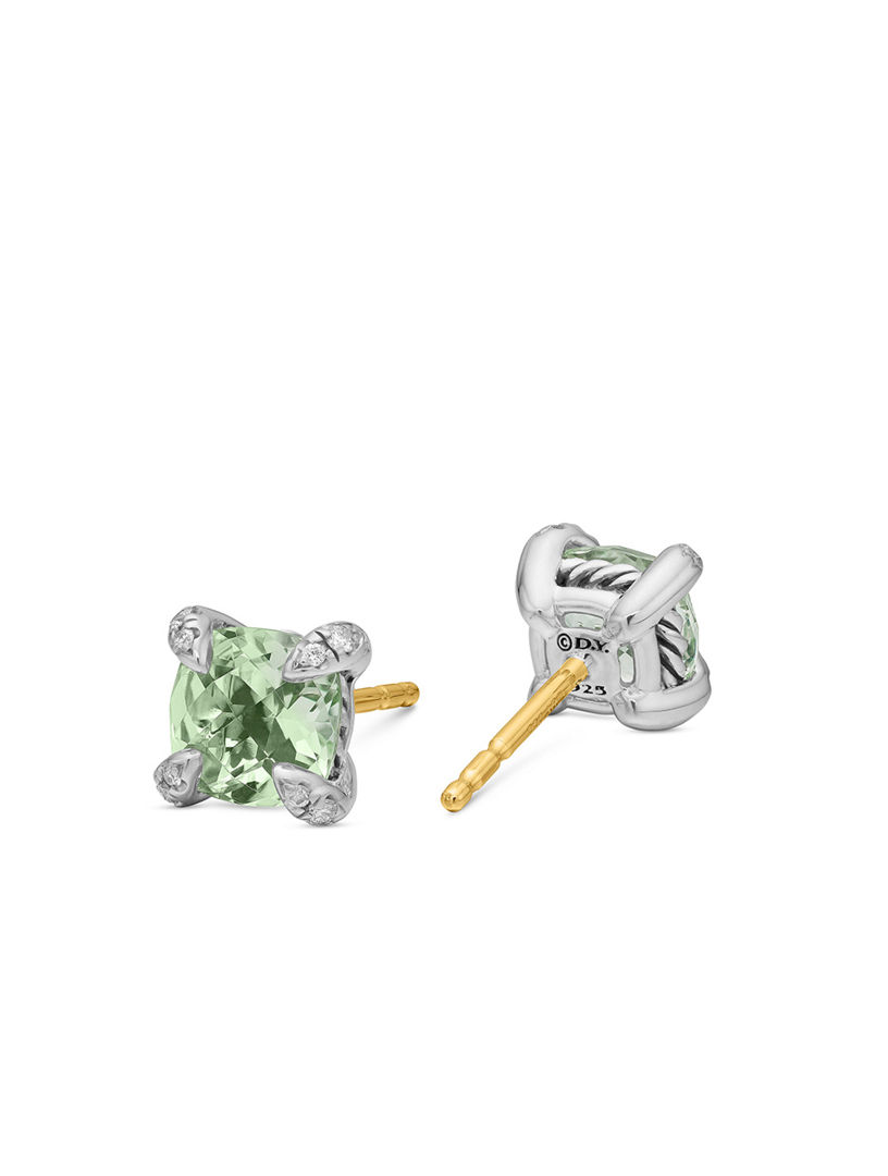 Petite Chatelaine® Stud Earrings In Sterling Silver With Prasiolite And Diamonds, 6mm