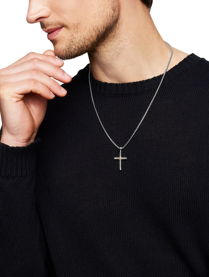 Cable Cross Pendant In Sterling Silver With 18k Yellow Gold, 35mm