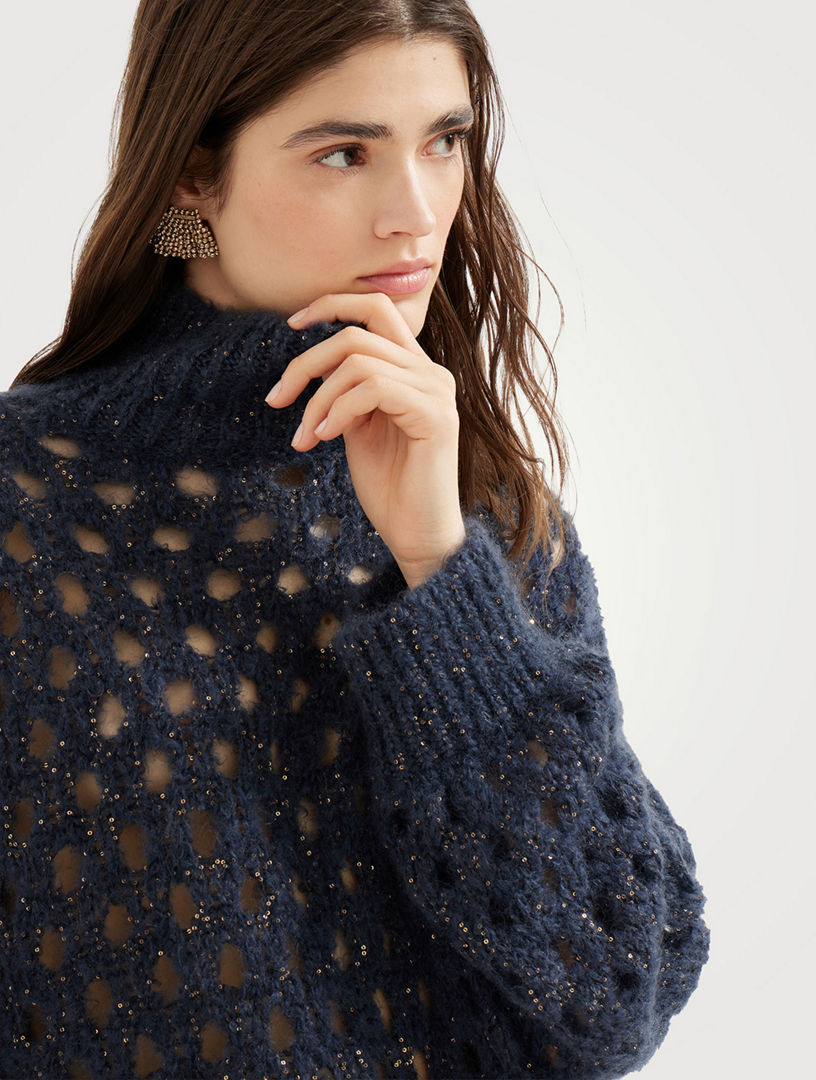 Pull Brunello Cucinelli En Lin Et Soie Noir Avec Dentelle Et Franges - Taille XL, Neuf Avec étiquette