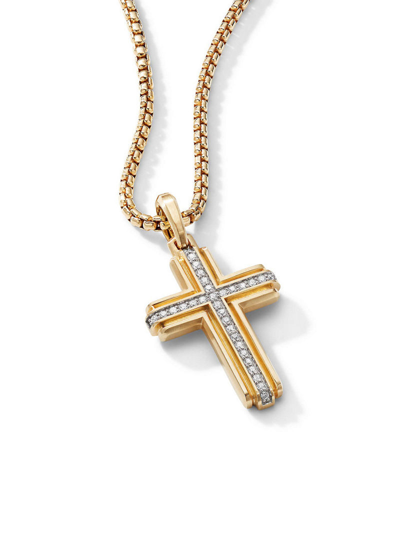 Deco Cross Pendant In 18k Yellow Gold With Pavé Diamonds