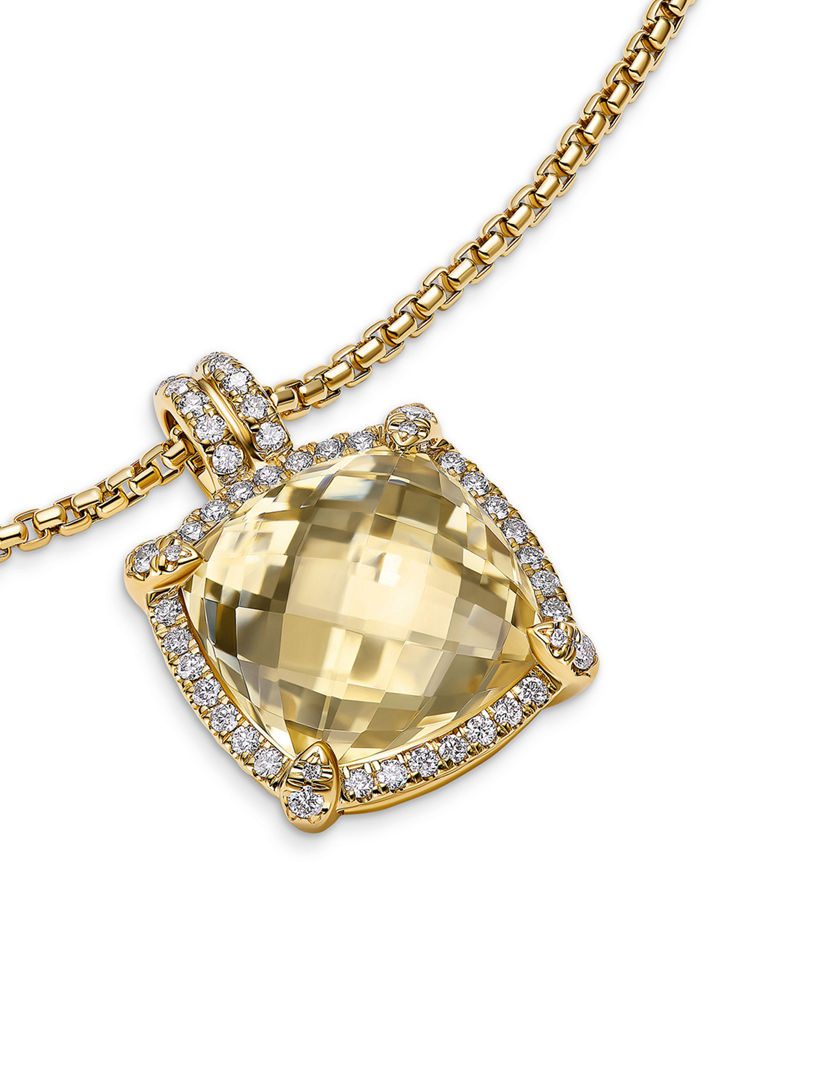 Chatelaine® Pavé Bezel Pendant Necklace In 18k Yellow Gold With Champagne Citrine And Diamonds, 14mm