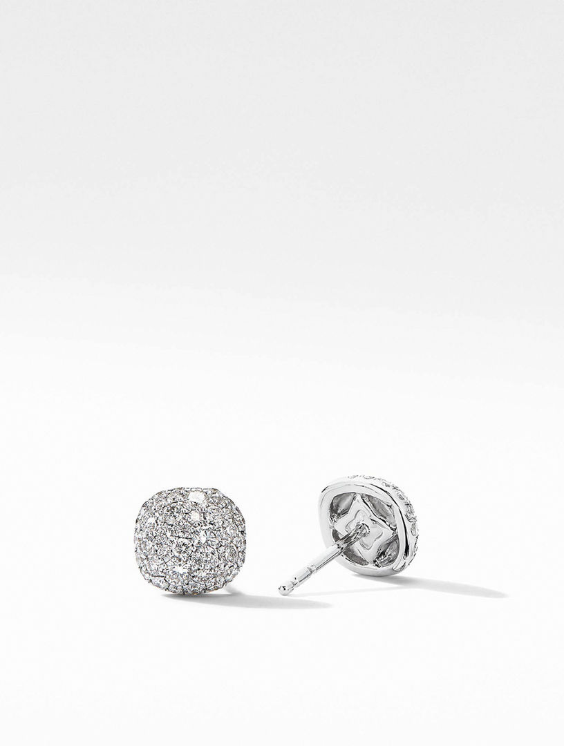 Cushion Stud Earrings In 18k White Gold With Pavé Diamonds