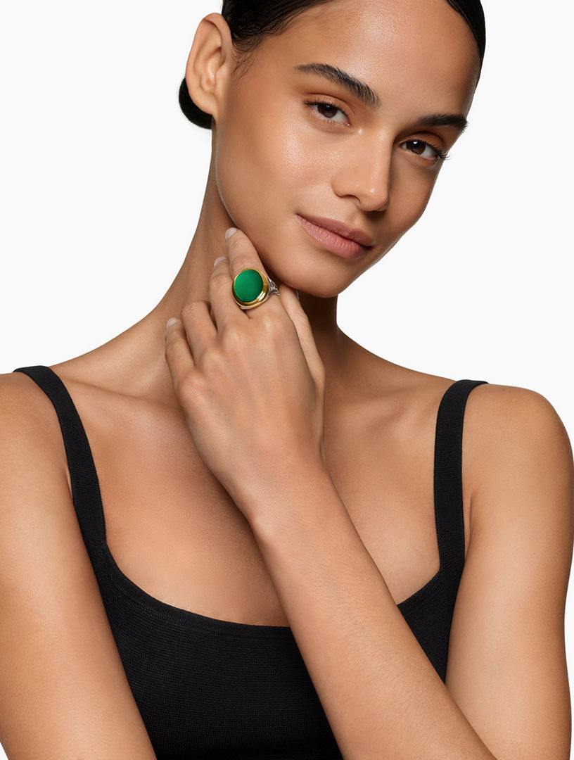 Albion® Oval Ring In Sterling Silver With 18k Yellow Gold And Green Onyx, 21mm