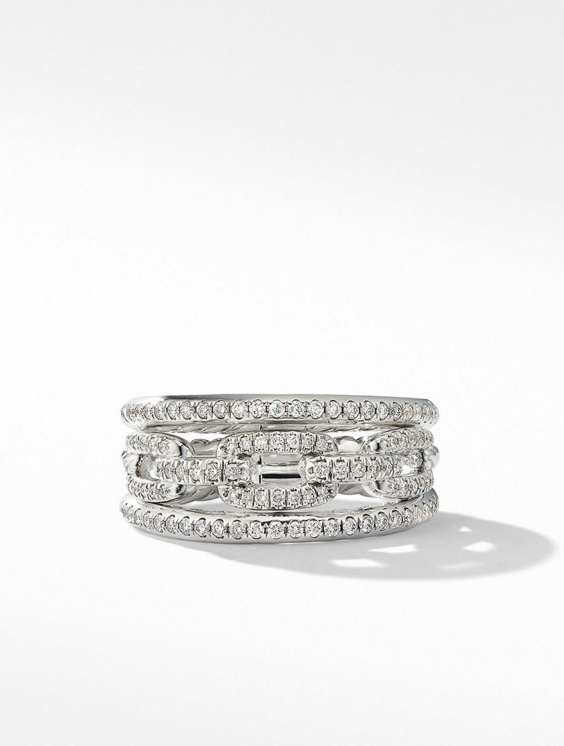 Stax Three Row Chain Link Ring In 18k White Gold And Pavé Diamonds