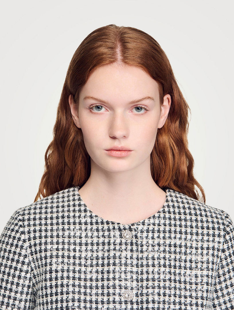 SANDRO Cropped Houndstooth Tweed Jacket | Holt Renfrew