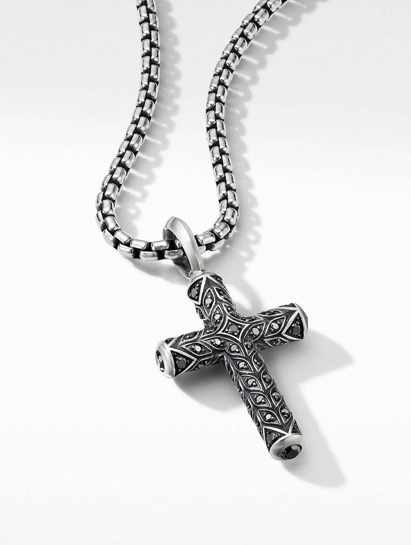 Chevron Cross Pendant In Sterling Silver With Pavé Black Diamonds