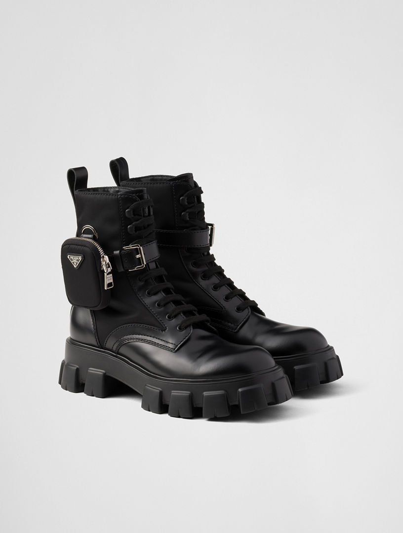PRADA Monolith Brushed Leather And Re-nylon Boots With Pouch