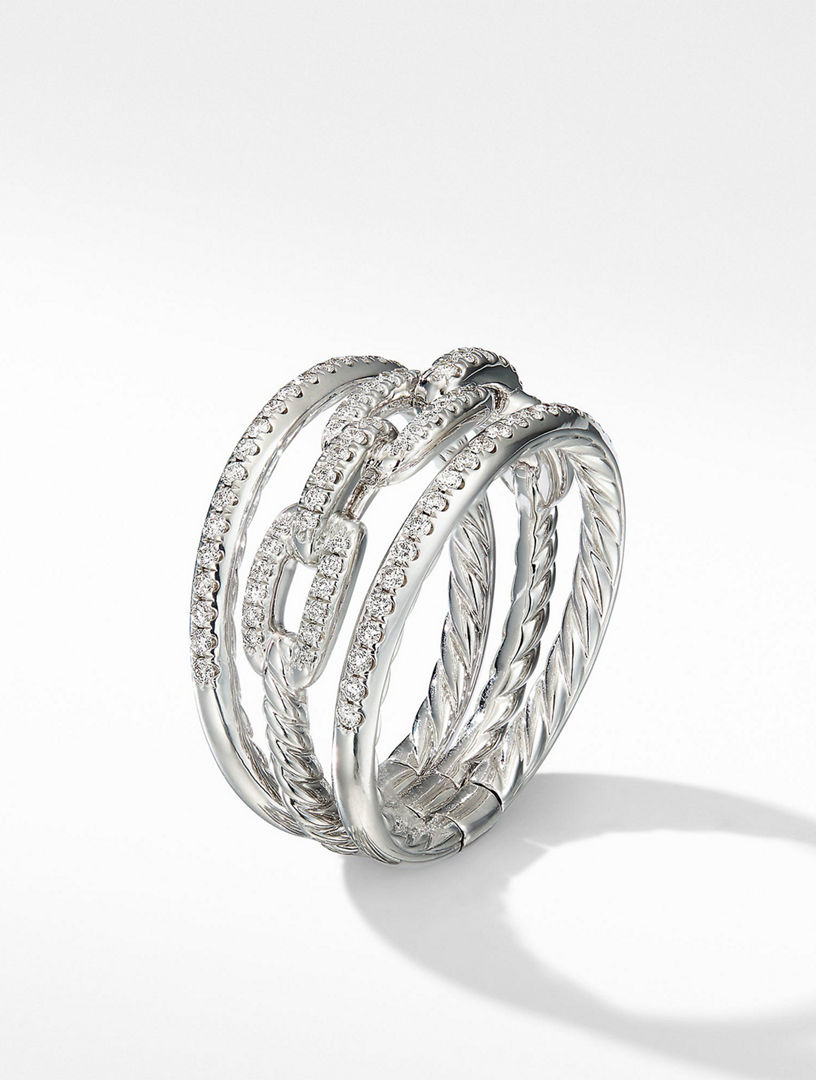Stax Three Row Chain Link Ring 18k White Gold And Pavé Diamonds