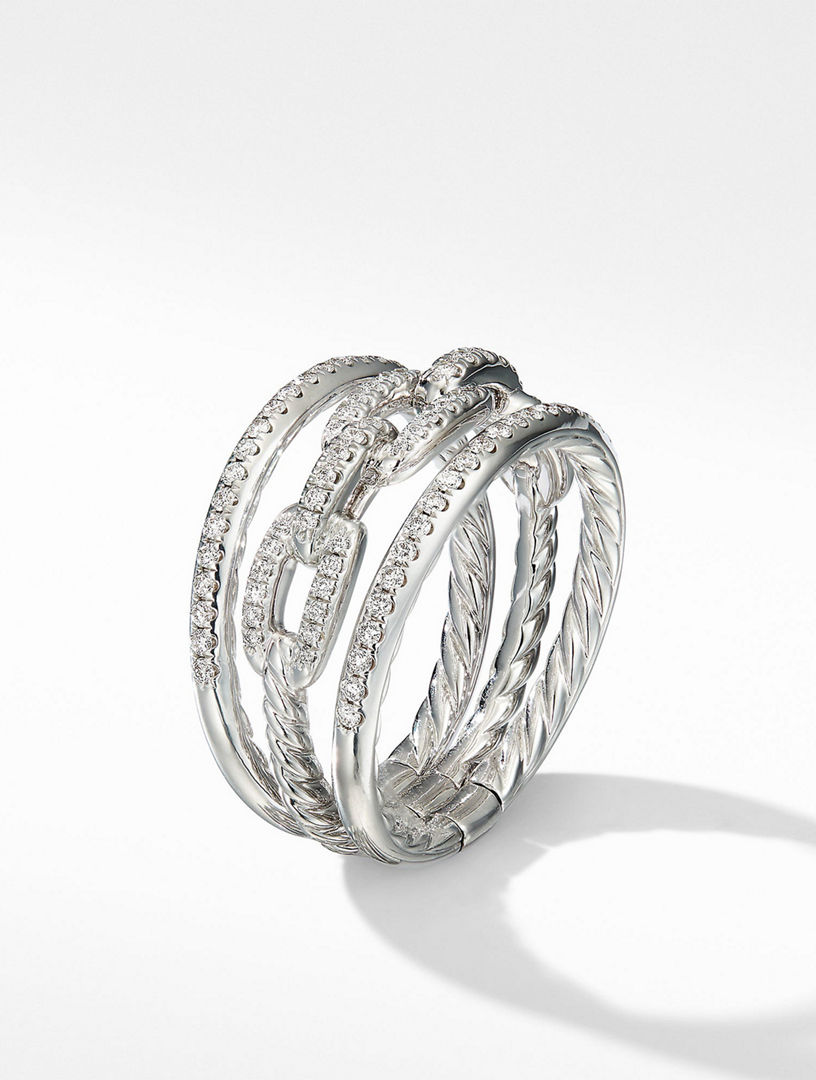 Stax Three Row Chain Link Ring In 18k White Gold And Pavé Diamonds