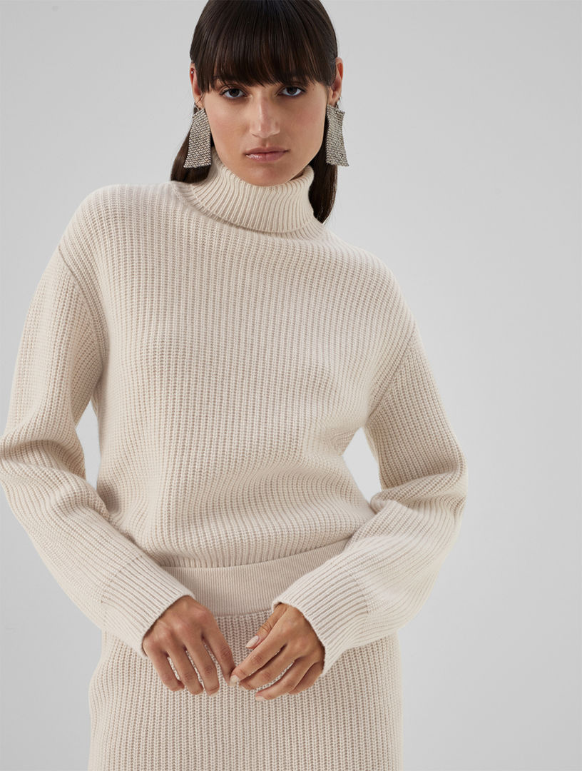 Beige Cable-knit cashmere-blend roll-neck sweater, Brunello Cucinelli