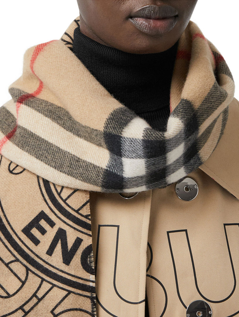 Burberry Branded Logo Text Cashmere Scarf, Camel Black