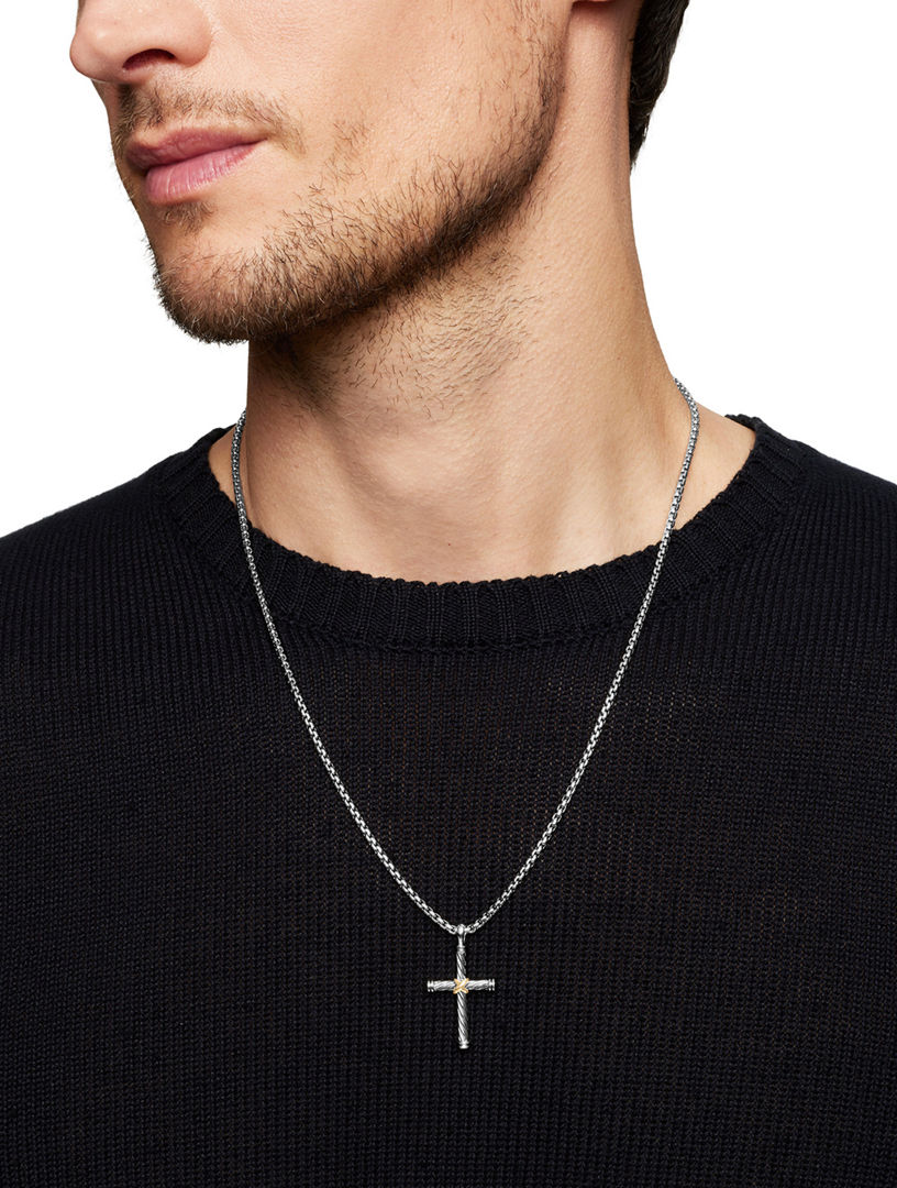 Cable Cross Pendant In Sterling Silver With 18k Yellow Gold, 35mm