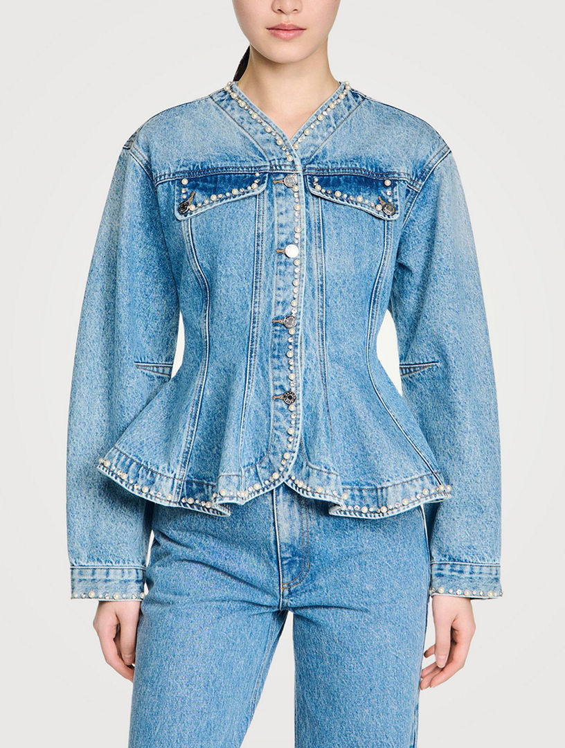 SANDRO Beaded Denim Peplum Jacket | Holt Renfrew