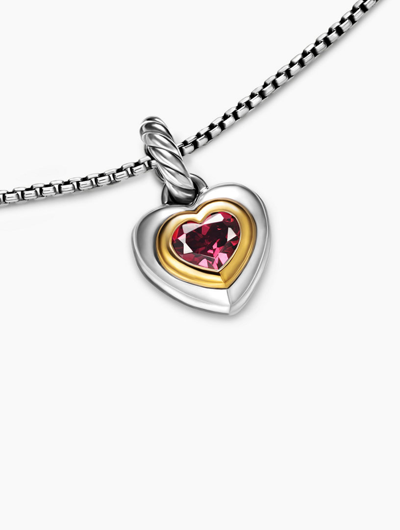 Petite Cable Heart Pendant Necklace In Sterling Silver With 14k Yellow Gold And Rhodolite Garnet, 17.1mm