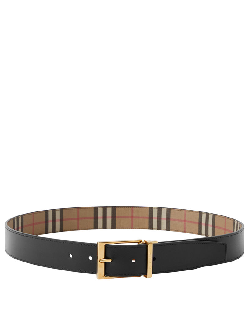 Check and Leather Reversible Belt in Dark Birch Brown/black - Men