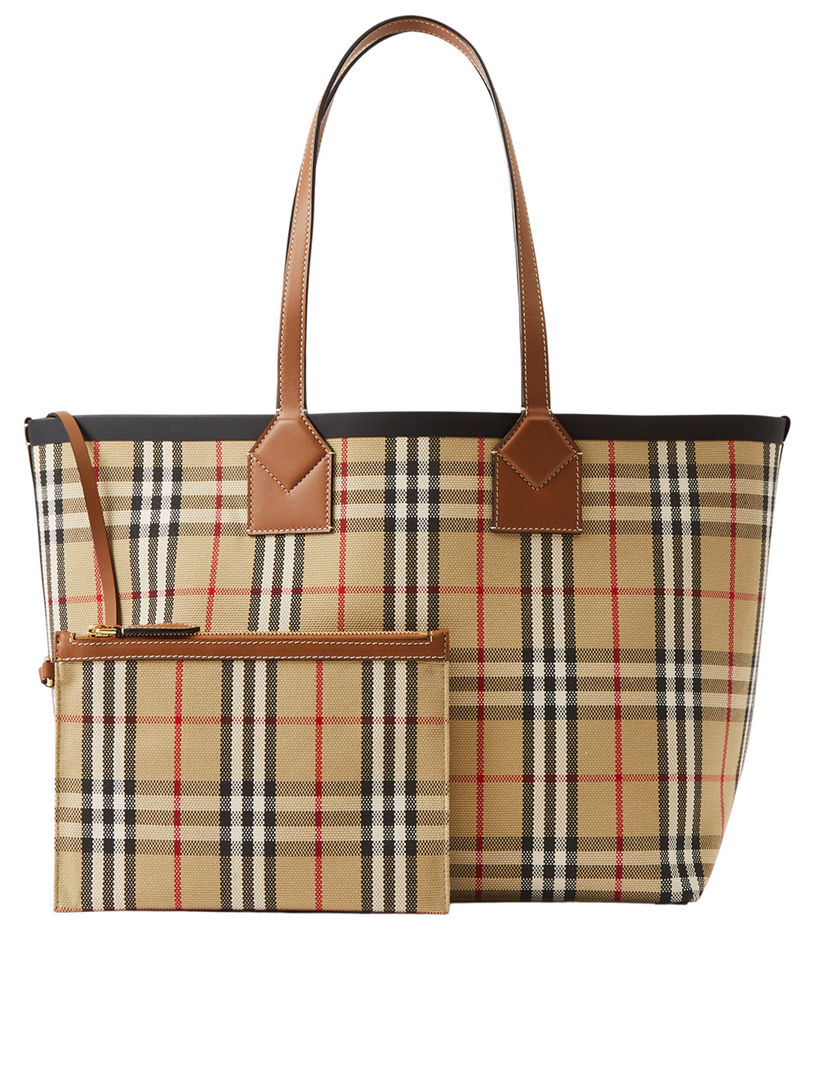 Burberry Exaggerated Check and Leather Tote Bag Archive Beige/Black in  Cotton Canvas/Leather with Silver-tone - US