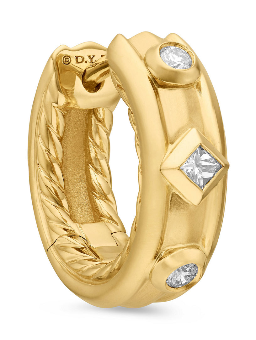 Modern Renaissance Huggie Hoop Earrings In 18k Yellow Gold With Diamonds, 12.3mm