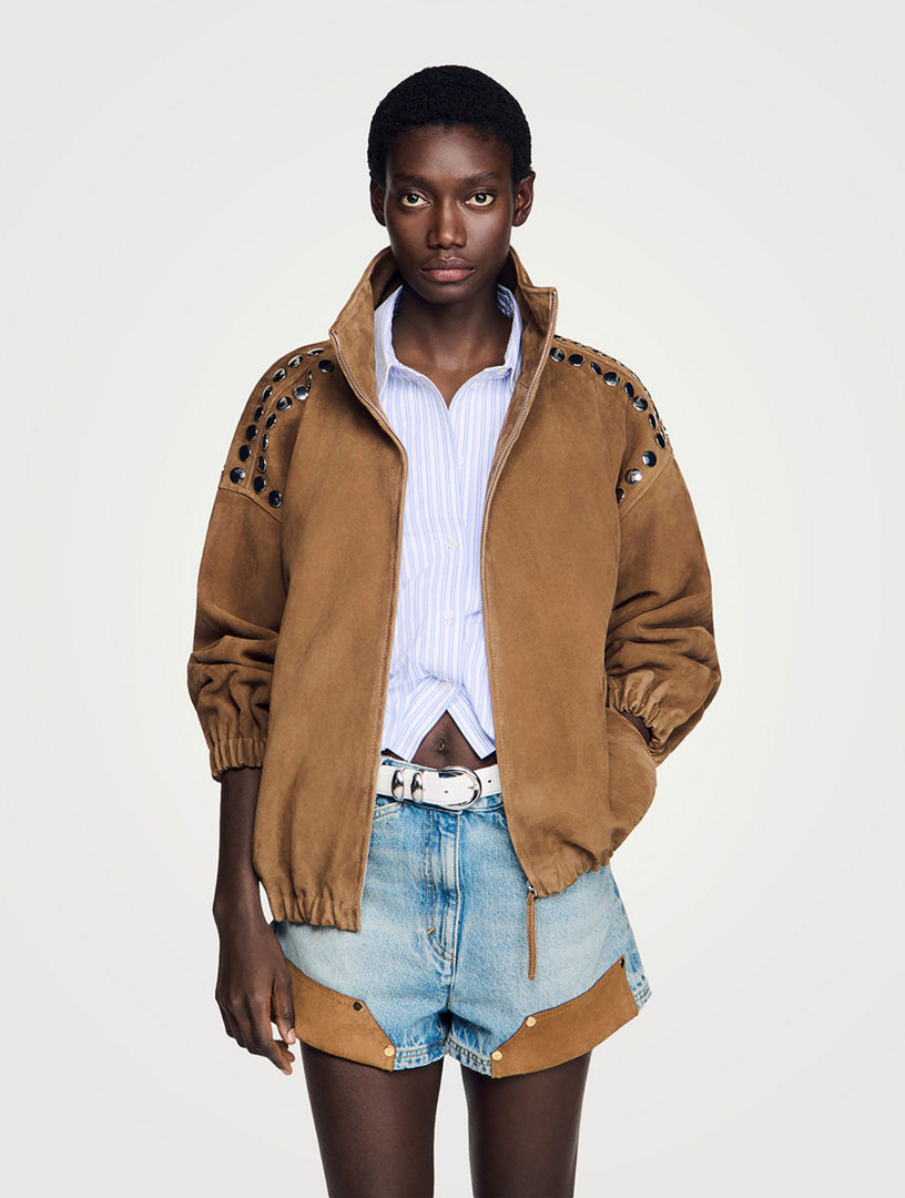 ジャケット・アウター archive studs knit suede panel jacket SANDRO Studded Suede Jacket | Holt Renfrew