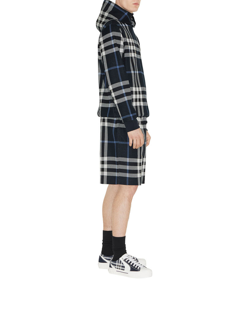 Burberry Check Hood Cotton Hoodie Coal Blue